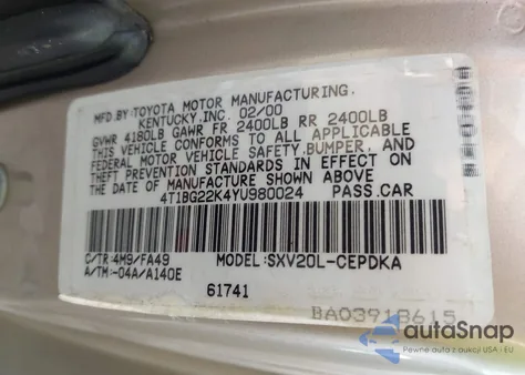 2000 Toyota Camry Ce из США, поврежденный, VIN 4T1BG22K4YU980024